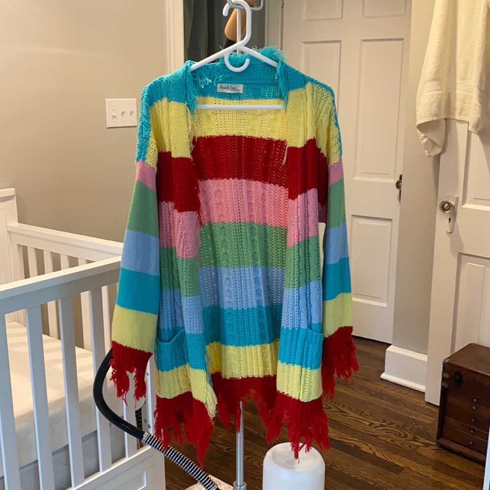 Peach Love California Distressed Rainbow Cardigan